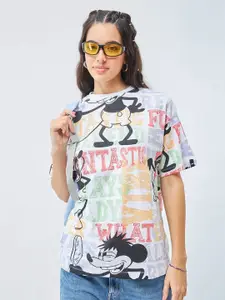 Bewakoof White Mickey Mouse Printed Pure Cotton Oversized T-shirt