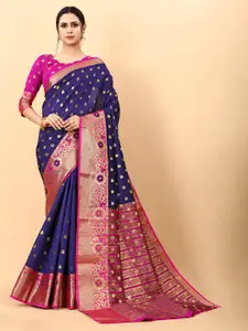 NIWAA Navy Blue Woven Design Silk Blend Banarasi Saree