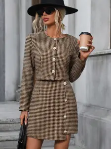 KPOP Brown Geometric Printed Shirt & Skirt