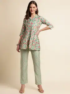 FABMORA Ethnic Motifs Printed Pure Silk Shirt Collar Top With Trouser Co-ords