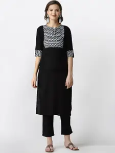 KALINI Geometric Yoke Design Keyhole Neck Straight Kurta