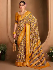 Saree mall Mustard Ethnic Motifs Silk Blend Designer Ikat Sarees
