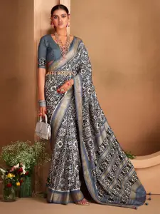 Saree mall Grey Ethnic Motifs Silk Blend Designer Ikat Sarees