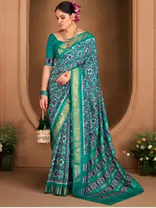 Saree mall Blue Ethnic Motifs Silk Blend Designer Ikat Sarees