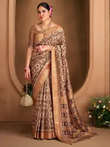 Saree mall Brown Ethnic Motifs Silk Blend Designer Ikat Sarees
