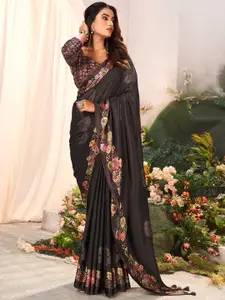 Saree mall Black Floral Pure Chiffon Designer Sarees