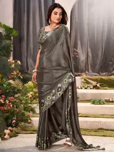 Saree mall Black Floral Pure Chiffon Designer Sarees