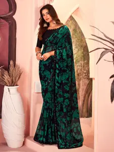 Saree mall Black & Teal Floral Sequinned Pure Georgette Designer Sarees