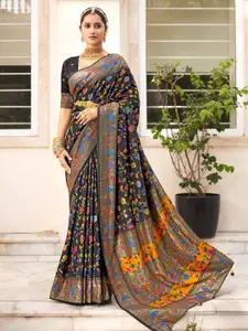 Saree mall Black Floral Silk Blend Designer Bagh Sarees