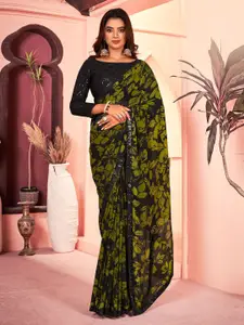 Saree mall Black & Olive Green Floral Sequinned Pure Georgette Designer Sarees