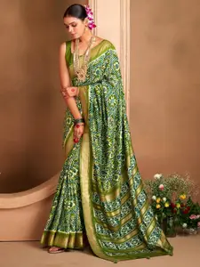 Saree mall Green Ethnic Motifs Silk Blend Designer Ikat Sarees