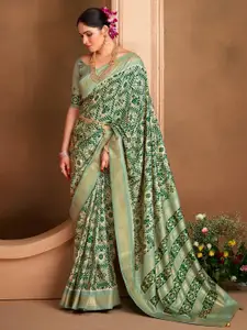 Saree mall Sea Green Ethnic Motifs Silk Blend Designer Ikat Sarees