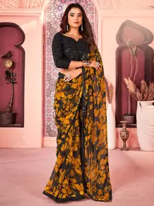 Saree mall Black & Mustard Floral Sequinned Pure Georgette Designer Sarees