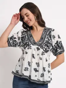 VELDRESS Floral Printed Puffed Sleeves Empire Top