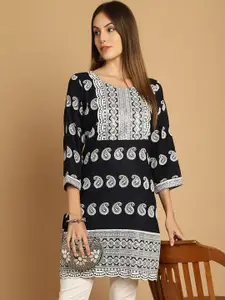 Jompers Navy Blue & White Paisley Embroidered Sequinned Sequinned Kurti