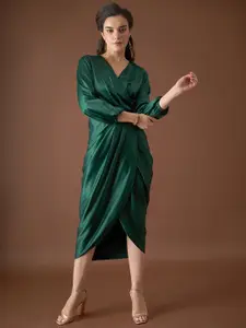MABISH by Sonal Jain V-Neck Satin Wrap Midi Dress