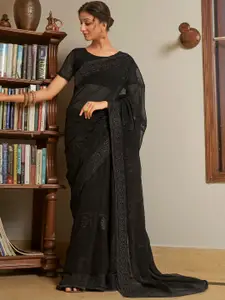 Mitera Black Floral Embroidered Shimmer Pure Chiffon Saree