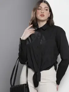 Tommy Hilfiger Women Boxy Solid Opaque Ruched Crop Waist Tie-Ups Casual Shirt