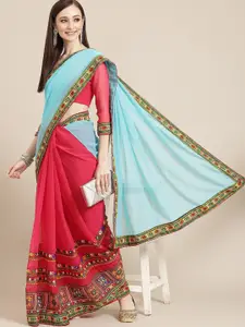 Mitera Turquoise Blue & Pink Embellished Embroidered Pure Georgette Half and Half Saree