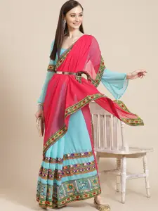 Mitera Pink & Turquoise Blue Embellished Embroidered Pure Georgette Half and Half Saree