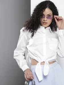 Tommy Hilfiger Women White Boxy Opaque Ruched Crop Waist Tie-Ups Casual Shirt