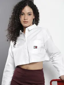 Tommy Hilfiger Women White Boxy Opaque Crop Pure Cotton Casual Shirt