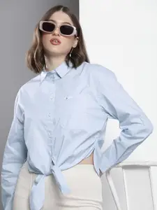 Tommy Hilfiger Women Blue Boxy Opaque Ruched Crop Waist Tie-Ups Casual Shirt