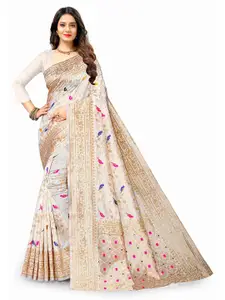 NIWAA Cream-Coloured Woven Design Zari Silk Blend Designer Banarasi Saree
