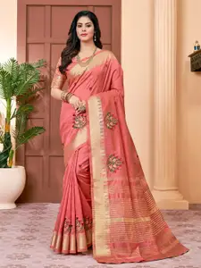 Mitera Peach-Coloured Floral Embroidered Silk Cotton Designer Banarasi Saree