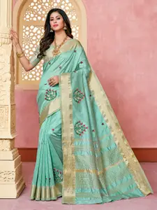 Mitera Turquoise Blue Floral Embroidered Silk Cotton Designer Banarasi Saree