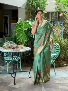 Mitera Green Floral Embroidered Silk Cotton Designer Banarasi Saree