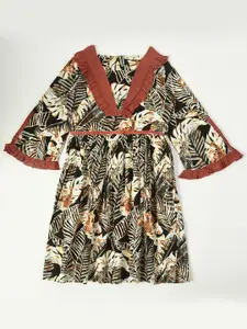 Bella Moda Girls Floral Printed Gathered Detailed Pure Cotton Fit & Flare Dress