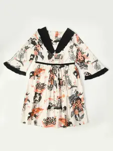 Bella Moda Girls Floral Printed Bell Sleeves Ruffled Pure Cotton Fit & Flare Dress