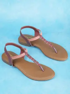 Luxyfeel Embellished T-Strap Flats With Backstrap