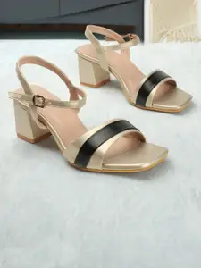 ICONICS Gold-Toned Party Block Sandals with Buckles