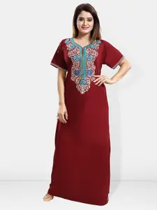 Be You Maroon Embroidered Maxi Nightdress