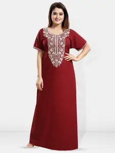 Be You Maroon Embroidered Maxi Nightdress