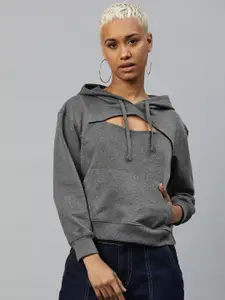 Popnetic Women Solid Cut-Out Detail Hooded Sweatshirt
