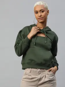 Popnetic Women Solid Cut-Out Detail Hooded Sweatshirt