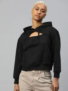 Popnetic Women Solid Cut-Out Detail Hooded Sweatshirt
