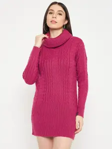 CREATIVE LINE Self Design Turtle Neck Knitted Above Knee Sweater Dress