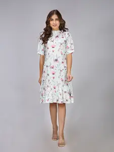 MAIYEE Floral Printed High Neck A-Line Dress