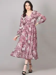 MAIYEE Floral Printed V-Neck Puff Sleeve Georgette Fit & Flare Midi Dress