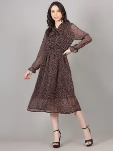 MAIYEE Floral Printed Tie Up Neck Puff Sleeve Fit & Flare Midi Dress