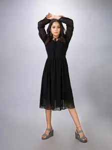 MAIYEE Self Design Tie Up Neck Fit and Flare Dress