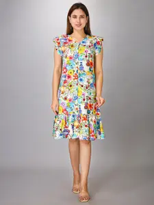 MAIYEE Floral Printed V-Neck Drop-Waist Dress