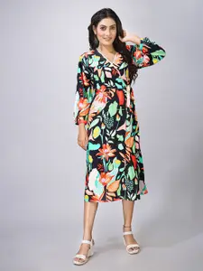 MAIYEE Floral Printed V-Neck A-Line Dress