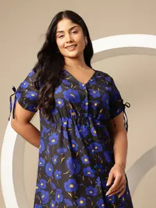 Sztori Plus Size Floral Print Tie-Up Sleeves A-Line Dress