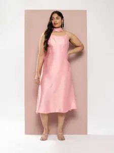 Sztori Plus Size Satin A-Line Midi Dress with Scarf