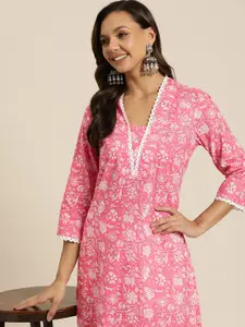 HERE&NOW Pure Cotton Lace Insert Floral Printed Kurta